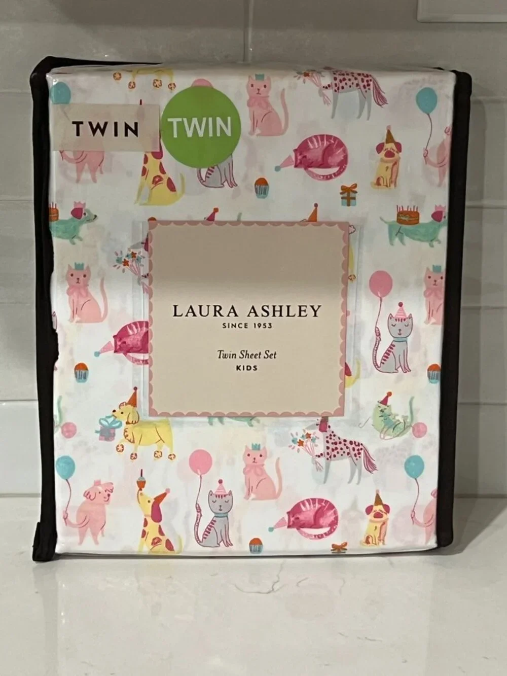 LAURA ASHLEY KIDS Twin White PARTY ANIMALS Sheet Set 3pc Dog Cat Pug Dachshund